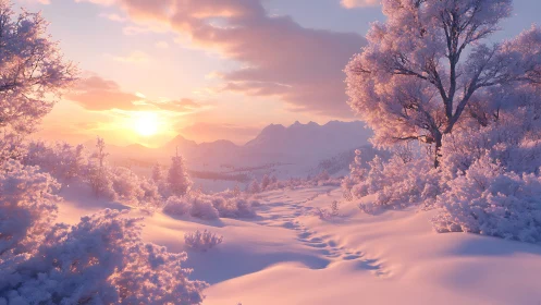Winter sunrise over snow-covered trees and distant mountains.
