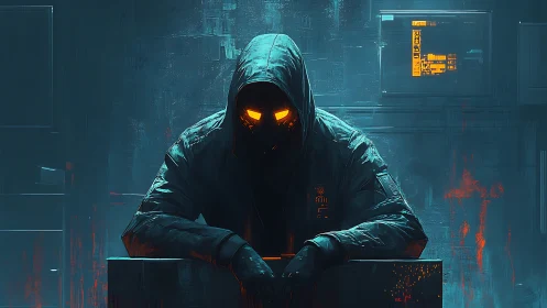 Hooded cyber figure with glowing eyes in neon lab.