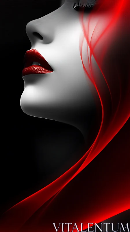Side profile of woman with red lips and abstract red veil.