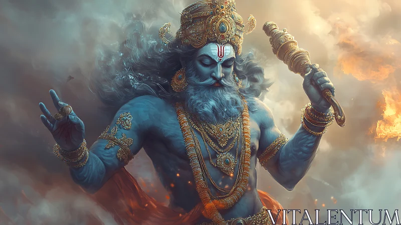 Mythic blue warrior deity in stormlit divine battle scene.