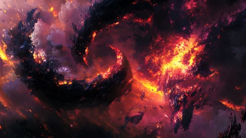 Volcanic nebula swirl with molten clouds and dark debris.