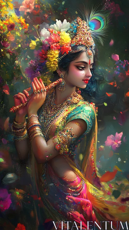 Divine flautist portrait renders opulent florals in luminous detail