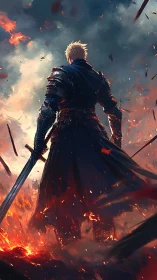 Armored swordsman standing in burning battlefield environment.