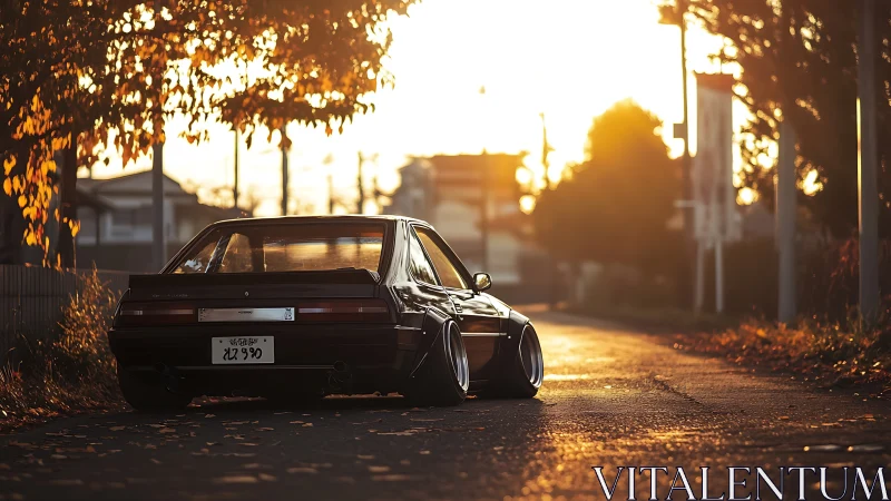 Sunset-stanced street legend idles in quiet autumn glow.