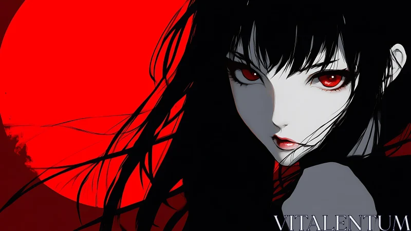 Crimson-eyed anime girl before stark red eclipsed sun.