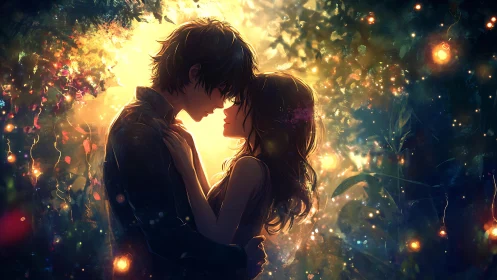 Romantic anime embrace amid luminous forest bokeh glow.