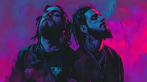 Neon drenched duo lost in sound and glowing color haze.