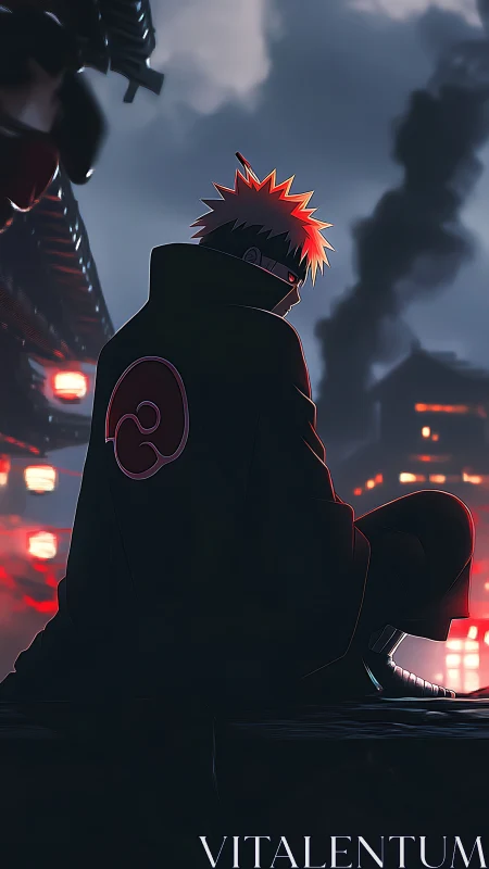 Brooding anime figure rests over a neon lit, smoky city