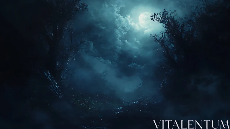 Moonlit mist drifts gently through a quiet midnight forest