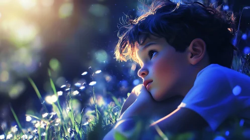 Boy Contemplates Glowing Flowers in Enchanted Night.