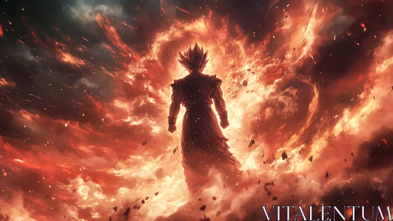 Backlit energy warrior in turbulent plasma vortex field.