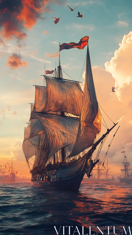 Lateen-rigged galleon cuts sunset-lit sea with volumetric clouds