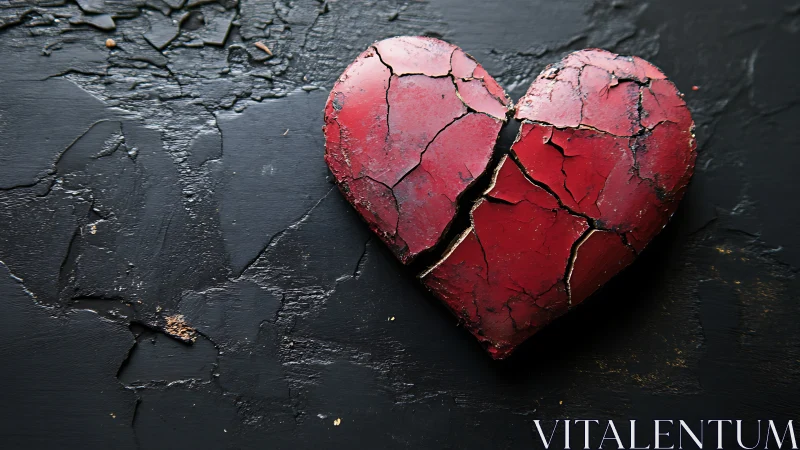 Fractured red heart form on dark textured surface.