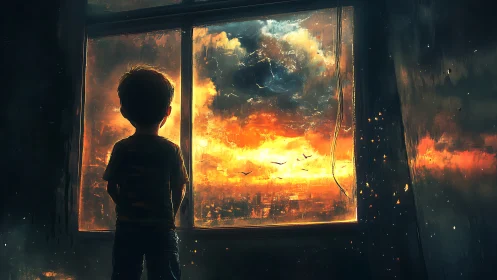 Child silhouette watching intense sky through window.
