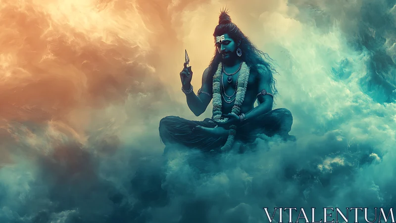 Divine blue-skinned yogi meditating in glowing storm clouds.