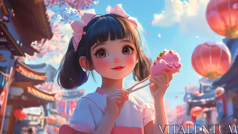 Young girl with cotton candy in stylized festival street scene.
