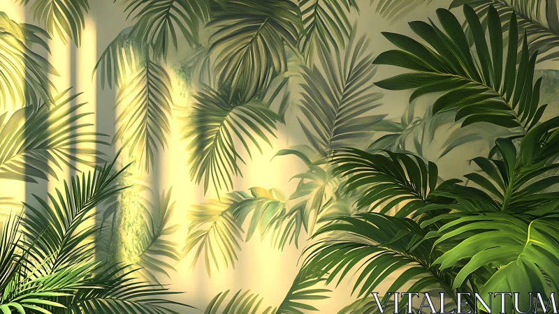 Tropical palm foliage with sunlight casting layered shadows.
