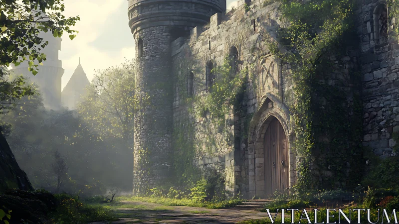 Sunlit ivy castle gate with mossy stone walls