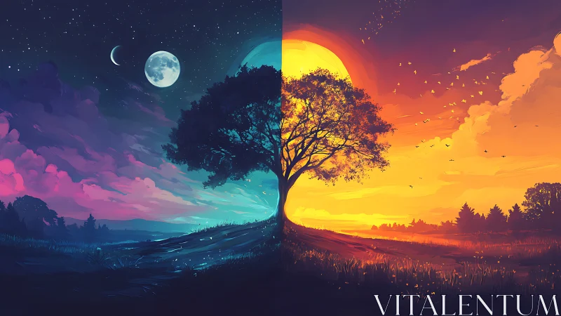 Solitary tree divides neon night and blazing sunrise.