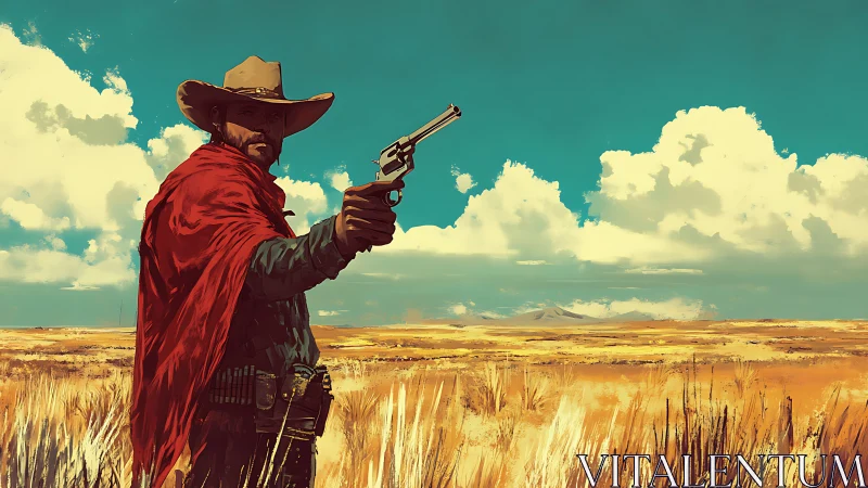 Lone gunslinger in red poncho aiming revolver in desert plain