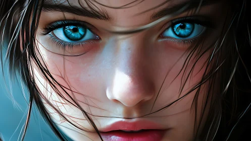 Hyperreal close-up portrait renders intense cyan irises