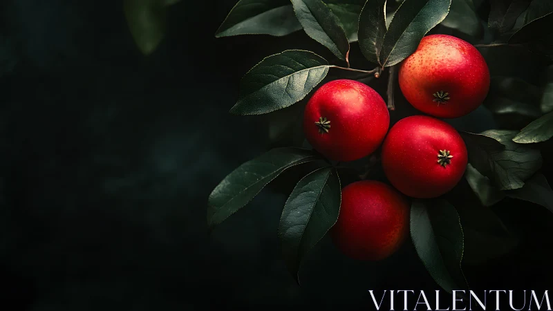 Dusky orchard moment with glowing red apples on branch.