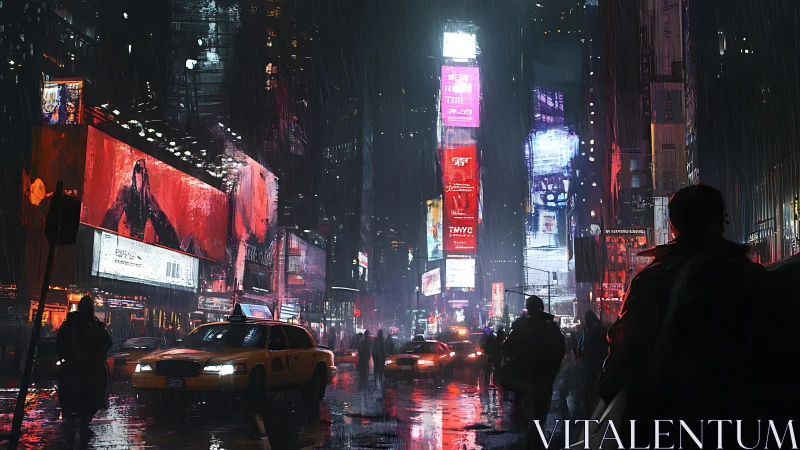 Neon rainstorm drenches a restless cyberpunk city street.