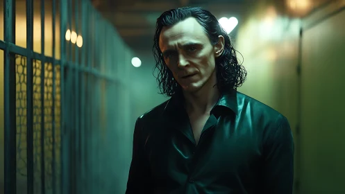 Moody man stands in dim corridor beside metal cell bars