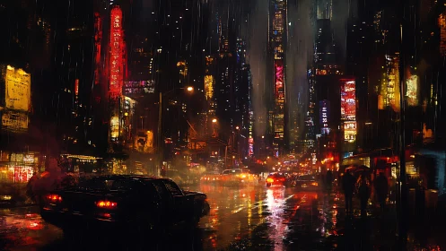 Neon soaked city street shining through a midnight storm.