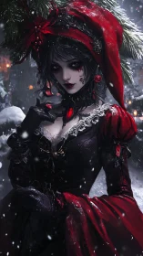 Gothic winter sorceress in red velvet Christmas regalia