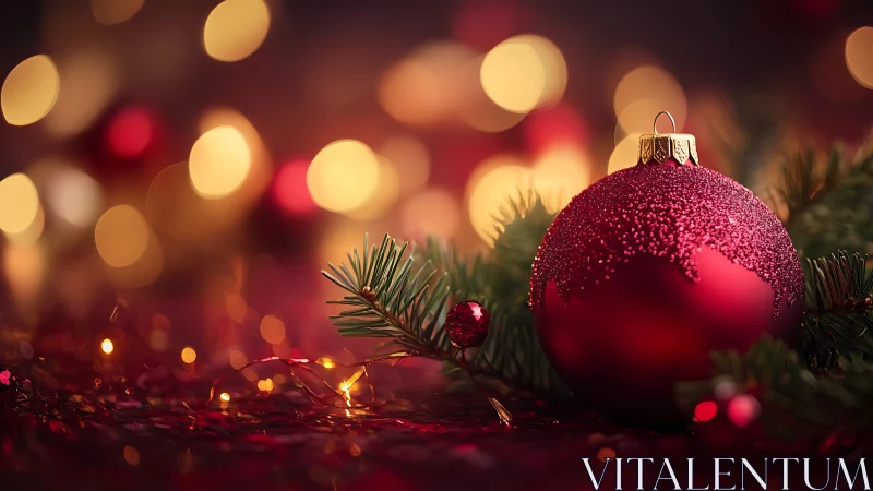 Cozy red Christmas ornament glowing in soft holiday lights.