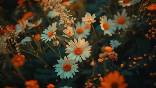 Warm-toned daisies with cool background: macro botanical study.