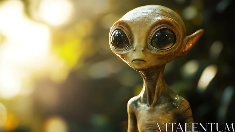 Alien-like humanoid figure stands in soft forest backlight