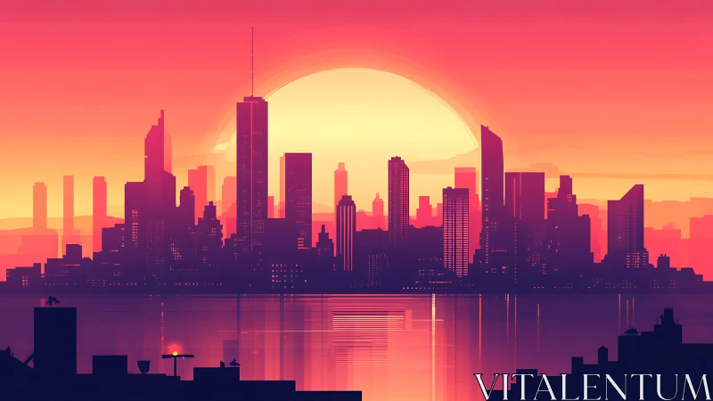 Neon sunset skyline reflects over calm futuristic harbor.