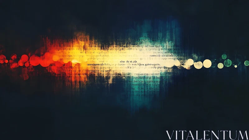 Abstract spectral waveform with layered text and bokeh orbs