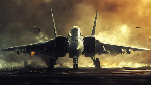 Powerful jet fighter waits in glowing smoke for bold takeoff