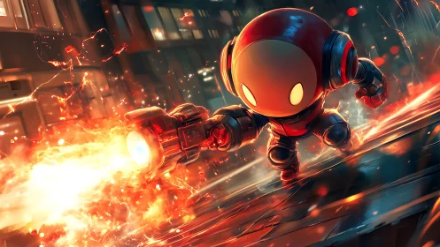 Armored cartoon robot firing energy weapon on city street.