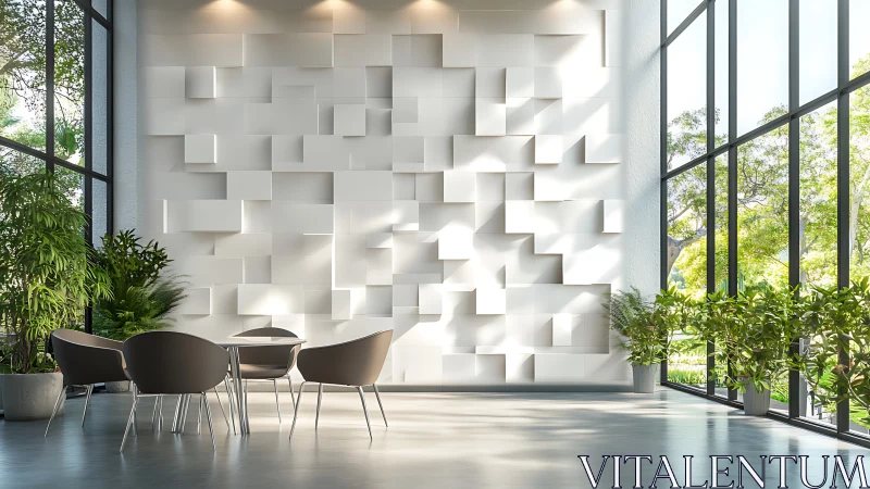 Modern lobby with geometric 3D wall and sunlit greenery.