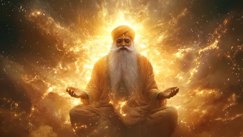 Solar mystic elder meditates inside blazing cosmic halo.