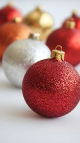 Glittering Christmas baubles gleam in soft festive light