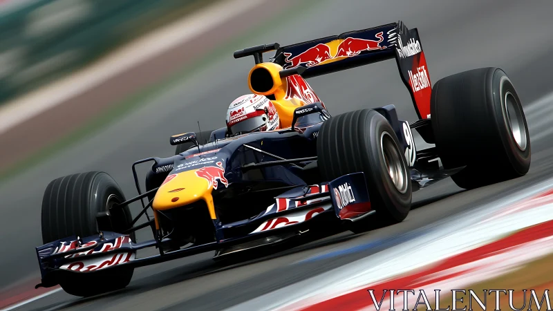 Formula 1 Red Bull car attacking high-speed circuit corner.