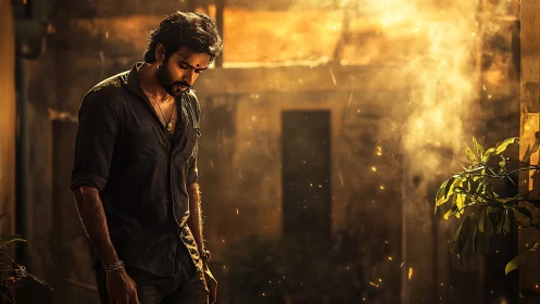 Backlit male figure in warm volumetric dust with cinematic bokeh