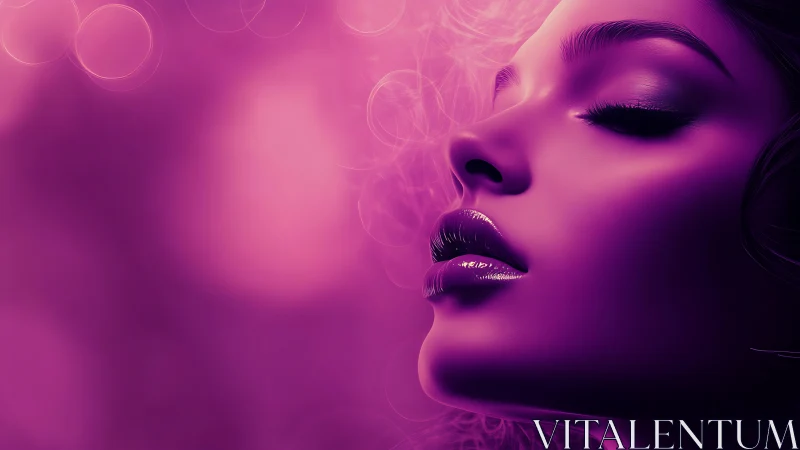 Neon-lit woman exhales dreamy violet smoke in soft focus