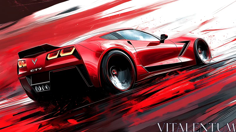 Red sports car drifting through abstract speed streaks.