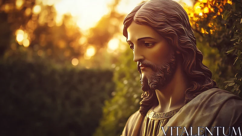 Serene Christ statue glows softly in golden garden sunset light