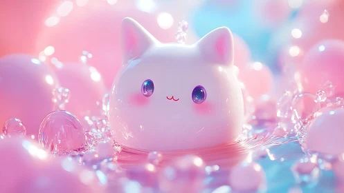 Glossy pastel cat mochi character in luminous bubble bath