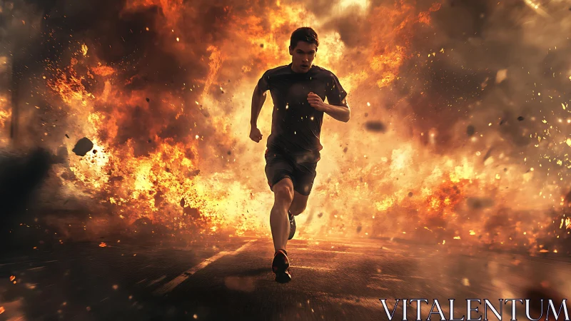 Male runner advances on roadway amid large background fire