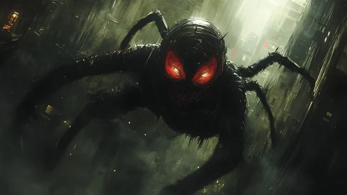 Dark spiderlike creature crawls through dystopian cityscape.