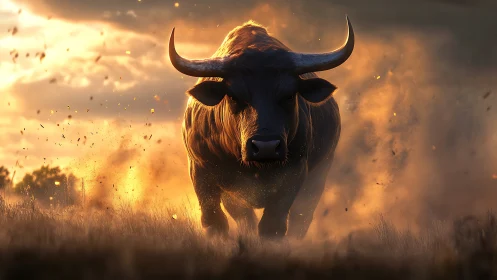 Kinetic frontal bull charge in volumetric sunset backlight.