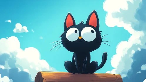 Wide-eyed black cat daydreaming beneath big summer clouds.